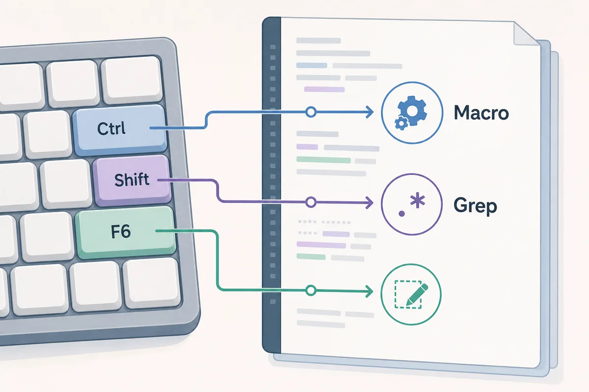 Diagrama dos atalhos do Sakura Editor para busca, Grep e macros