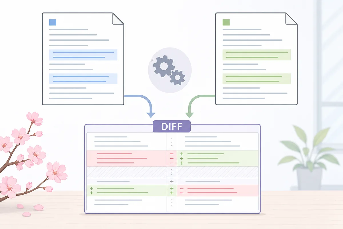 サクラエディタで旧ファイルと新ファイルをdiffへ送り差分を確認する流れの図