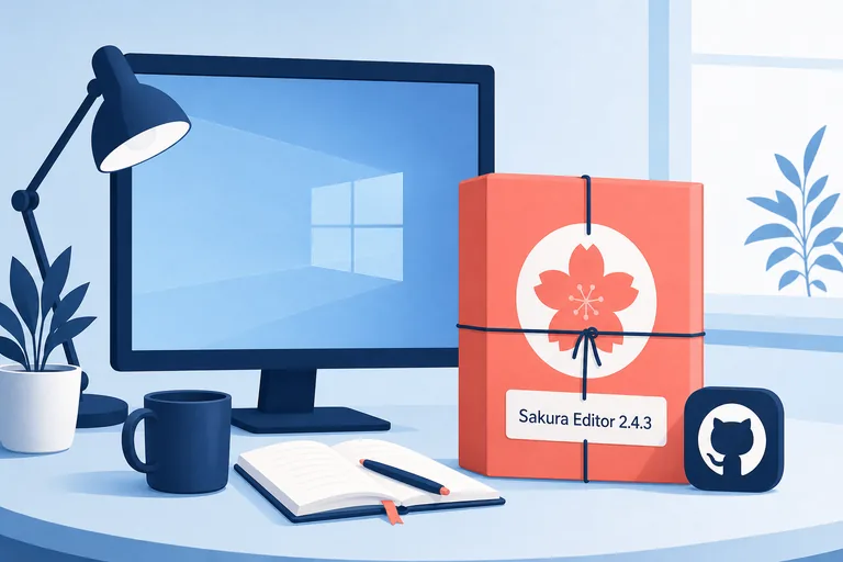 Sakura Editor 2.4.3の公式releaseを確認してWindowsで使い始める流れを表す説明用イラスト